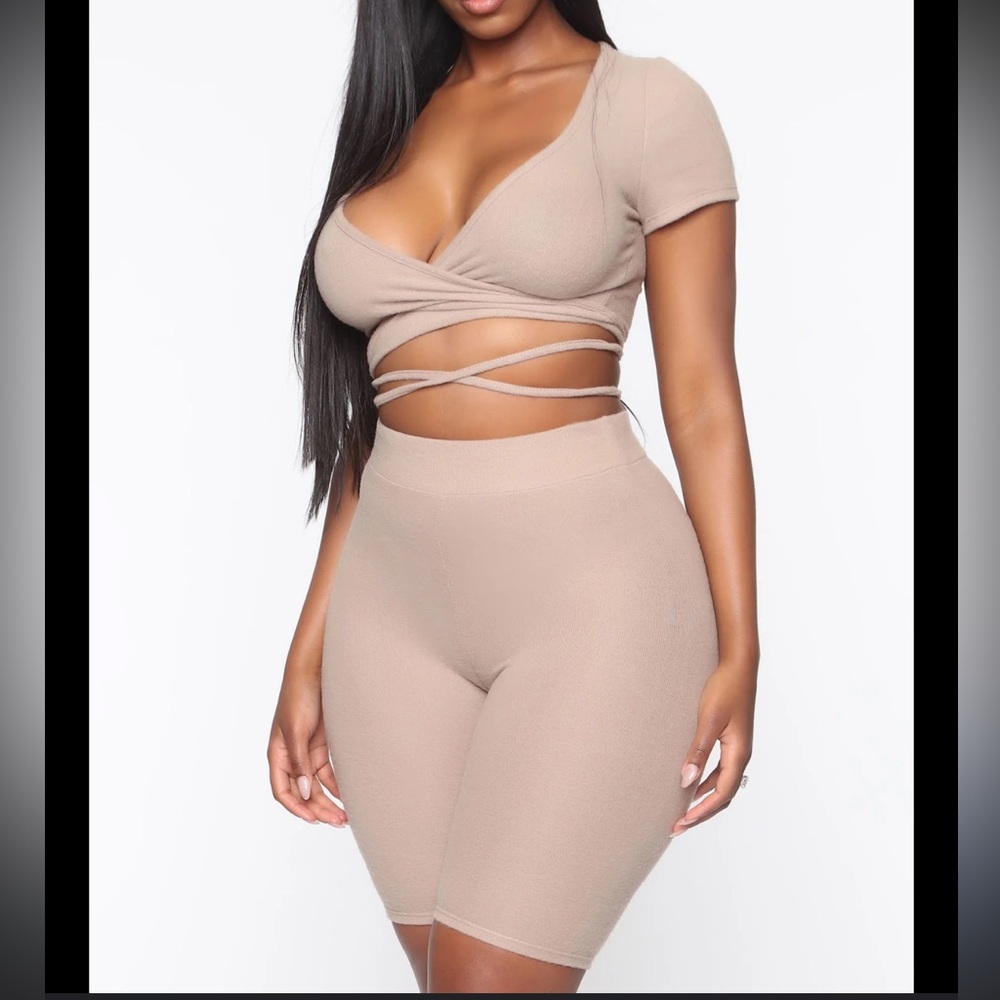 All Tied Up Biker Capri Short Set Mocha Large Fashion Nova Sexy Stretch Wrap Top